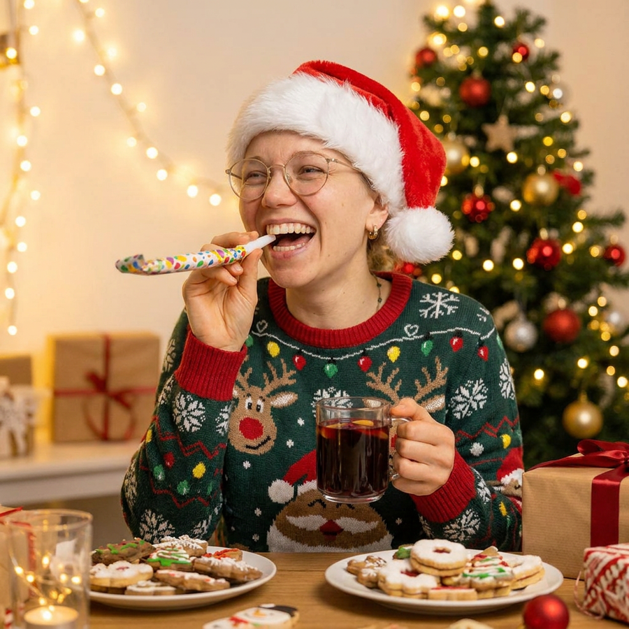 Elena mit Weihnachtsmütze, Glühwein und Plätzchen